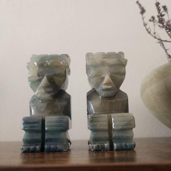 Vintage Natural Stone Marble Small Pair of 2 Tiki Aztec Figurine Bookends - Picture 2 of 8